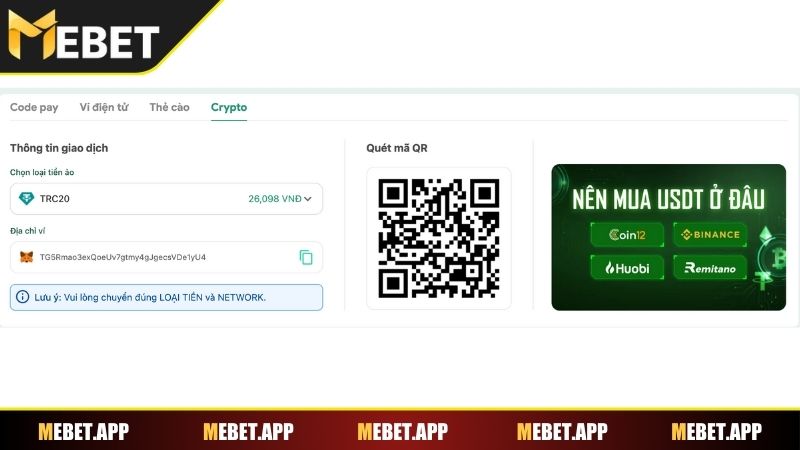 Giao dịch bằng tiền ảo tại Mebet