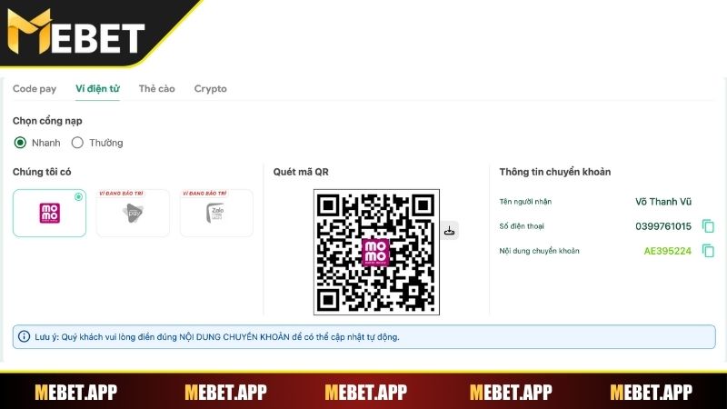 Nạp tiền Mebet qua ví điện tử