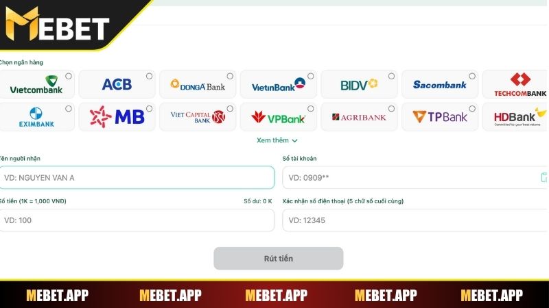 Rút tiền Mebet qua ngân hàng