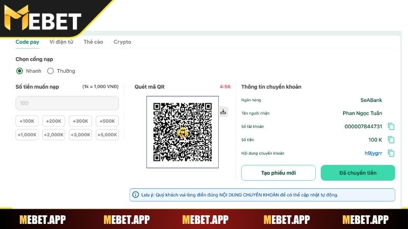 Thực hiện chuyển tiền cho nhà cái Mebet